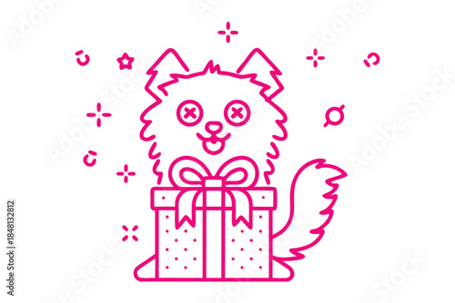 Playful cartoon dog with crossed eyes sits behind a magenta gift box happily