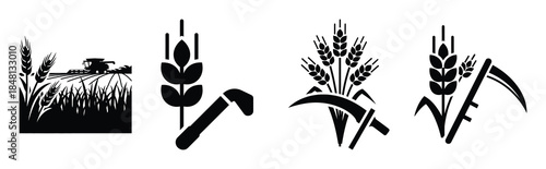 grain harvest silhouette icon vector set
