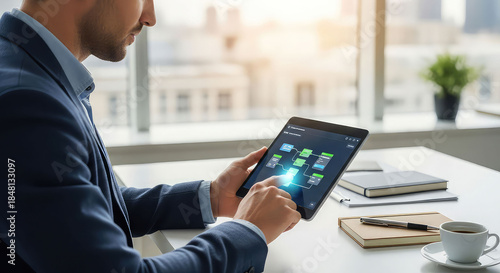 Businessman interacts with digital workflow diagram on tablet device in bright modern office setting