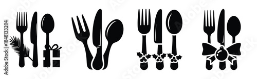 holiday dining tools silhouette icon vector set
