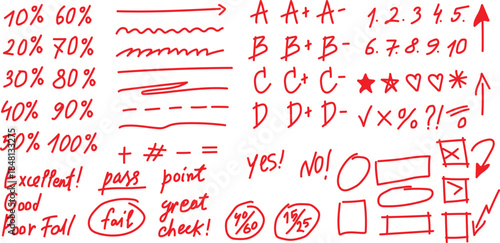 Hand drawn red marks for grading and correction percentages, letters, numbers, symbols, and text