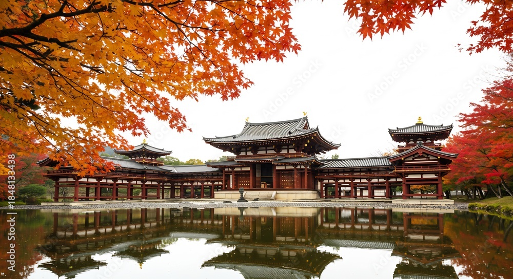Fototapeta premium 柔らかな光に包まれた日本の歴史ある古刹が色彩豊かな紅葉の木々に囲まれ静かな水面に美しく完璧に映り込む悠久の時を感じさせる秋の絶景. AI Generated