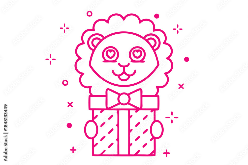 Obraz premium Pink lion with heart eyes holds a gift box, surrounded by sparkles