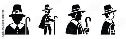 pilgrim man silhouette icon vector set