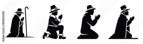 pilgrim praying silhouette icon vector set