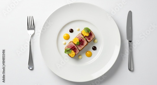 Fototapeta Naklejka Na Ścianę i Meble -  白皿に美しく盛り付けられた炙りマグロの刺身鮮やかな色彩と繊細な盛り付けが食欲をそそる上質な料理を上品な光が引き立てる. AI Generated