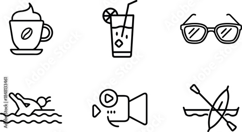 Summer vacation icons depicting drinks sunglasses swimming and outdoor activities