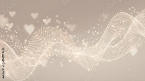 Elegant White Wavy Lines with Hearts and Sparkles on Beige Background Vector Illustration
