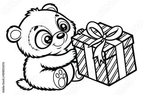 Panda cub enthusiastically embraces a beautifully wrapped gift with a ribbon, depicted in monochrome