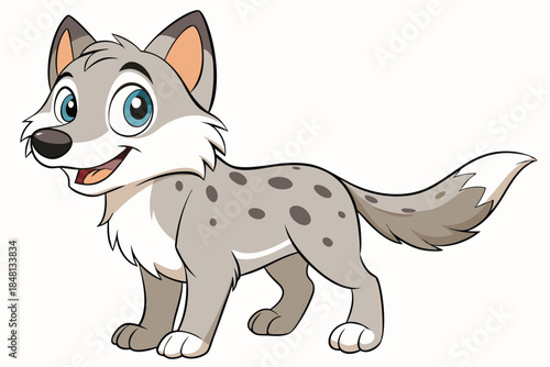 Friendly cartoon wolf smiles with bright eyes and a spotted grey coat standing still