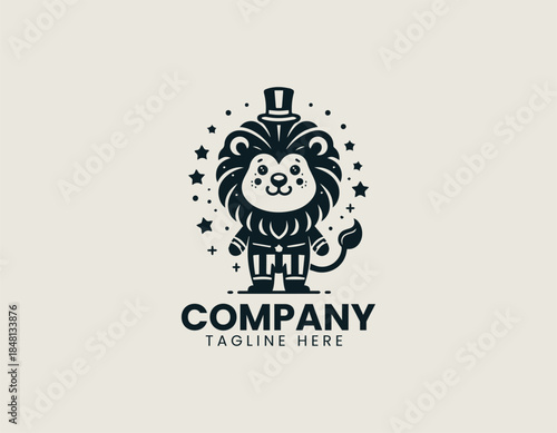 Cute circus lion character is presented as a playful friendly black vector logo illustration
