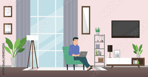 Remote work men  living room sitting sofa chair laptop work work from home tv launch