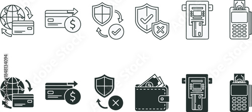 Collection of various security and protection icons in black and white