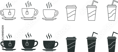 Black and white coffee cup and takeout container icons in various styles