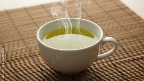 A hot cup of steaming green tea on a bamboo mat. Healthy traditional Japanese beverage for relaxation and wellness