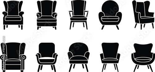 Set of ten black armchair silhouette icons, comfortable living room furniture symbols including wingback and modern chairs vector illustration isolated.