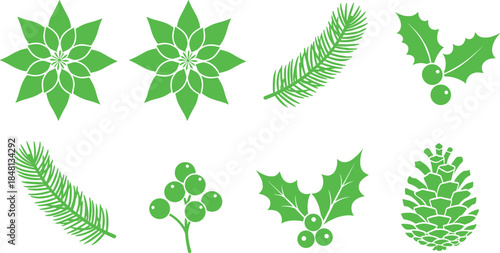 Christmas greenery icon set featuring holly leaves, berries, pine branches, pine cones, and festive floral elements, flat vector symbols for holiday decoration and seasonal design