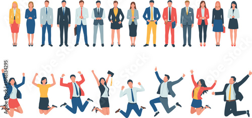 Vector illustration of business professionals in formal attire and joyful poses, ideal for career success, teamwork celebration, and corporate achievement themes.