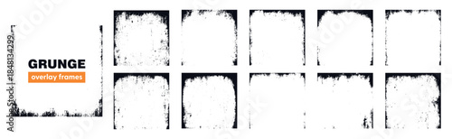 Set of square grunge overlay frame and background with grime and rugged effect. Border collection with vintage texture.