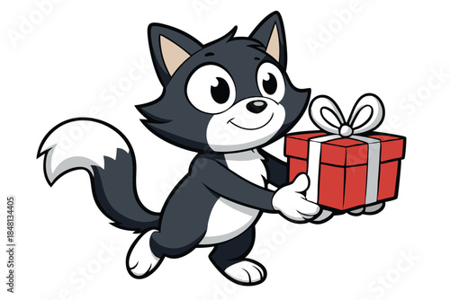 Happy cartoon cat is carrying a red and white gift box for someone special