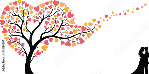 Heart shaped love tree illustration with colorful hearts flowing toward romantic couple silhouette, symbolizing eternal love, marriage, Valentine’s Day, wedding romance, and emotional connection