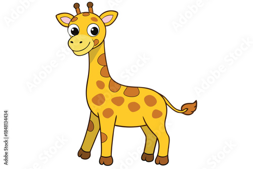 Playful yellow cartoon giraffe with brown spots smiles on a clean white background