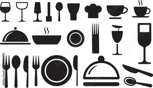 Black Silhouette Icons Collection for Restaurant Menus, Catering, and Culinary Service: Utensils, Glasses, Plates, and Chef Hat Symbols.