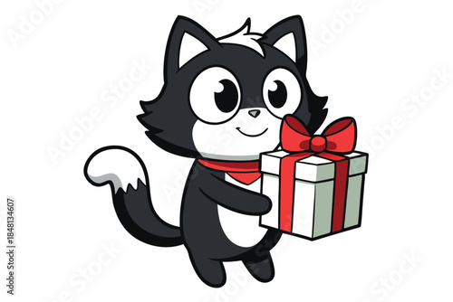 Smiling black and white cartoon cat character holds a nicely wrapped gift box with ribbon
