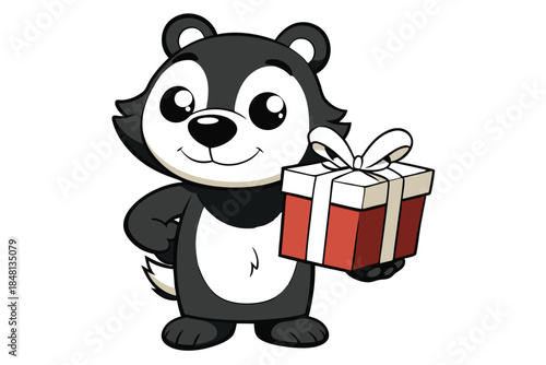 Smiling cartoon bear cub presents a red gift box tied with a white ribbon