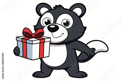 Smiling skunk cartoon character presents a white gift box with a red bow