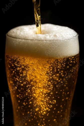 Wallpaper Mural A close-up shot of golden beer being poured into a frosted glass, with effervescent bubbles rising and a creamy foam head forming. Torontodigital.ca