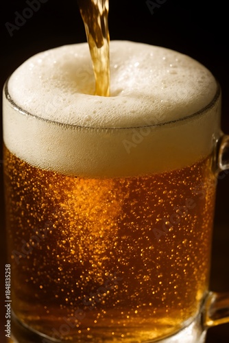 Wallpaper Mural A close-up shot of golden beer being poured into a frosted glass, with effervescent bubbles rising and a creamy foam head forming. Torontodigital.ca