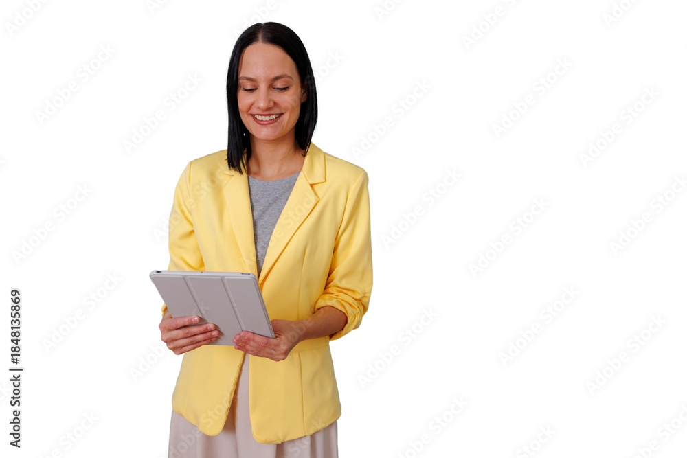 Fototapeta premium Businesswoman smiling, holding a tablet, browsing digital content. Young professional using modern technology. Transparent background