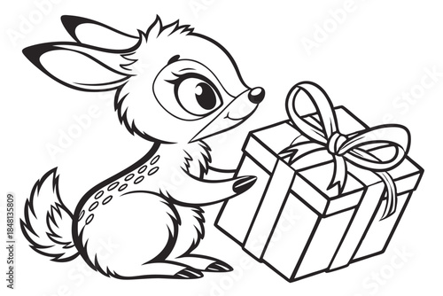 Cartoon outlined deer with spots carefully holding a large present box with ribbon is transparent