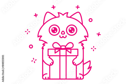 Cartoon feline happily clutches a gift box amid festive sparkles in a transparent background