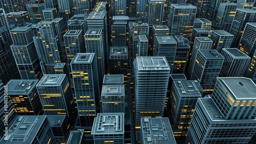 City landscape revealed with glowing windows highlighting the modern architecture during nighttime. An impressive urban setting unfolds