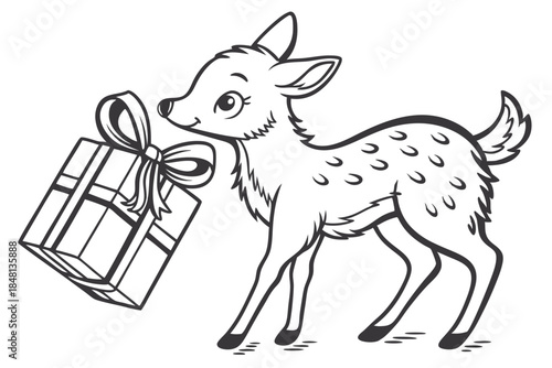 Hand drawn outlined cartoon fawn carries a gift tied with a bow, transparent background