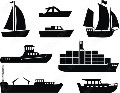 boat icon Set, Ship Icon Set,  sailboat yacht marine ship catamaran submarine vessel, Vector illustration !