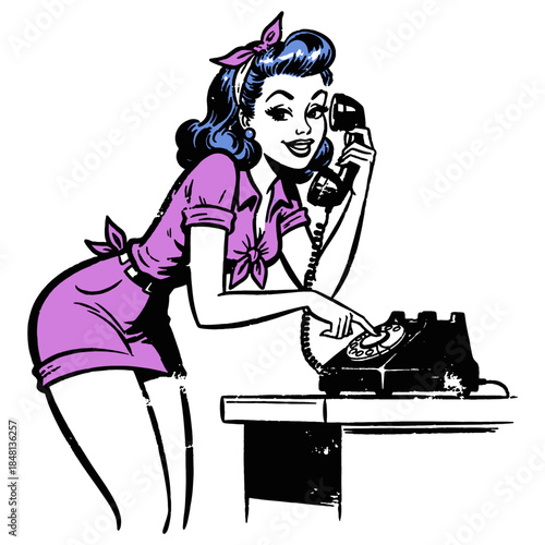 Vintage Pin-up Girl Comic Illustration Dialing Rotary Phone. Retro Style Sassy Woman Talking on Old Telephone Receiver.