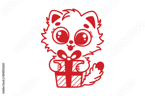 Smiling kitten cheerfully presents a beautifully wrapped gift; the design is isolated on transparent background