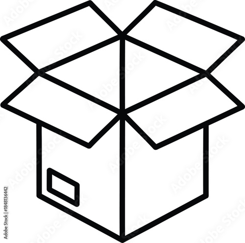 Simple line art icon representing an open cardboard shipping box for delivery