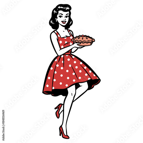 Vintage 1950s Pinup Housewife Holding Fresh Baked Pie. Retro Rockabilly Woman in Red Polka Dot Dress Vector Art.
