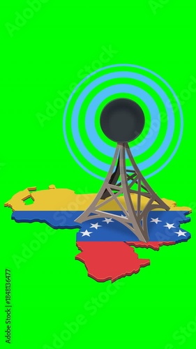 A radio antenna on a map of Venezuela with national flag colors. Blue signal circles emanate from the tower. Vertical loop on green screen with alpha channel.