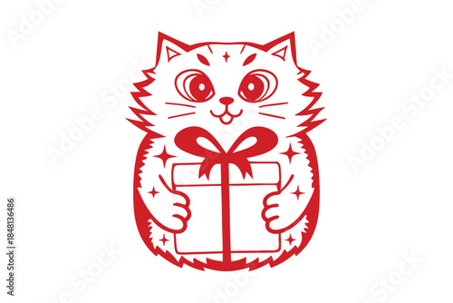 Red outline kitten happily holds a present adorned with a beautiful bow design