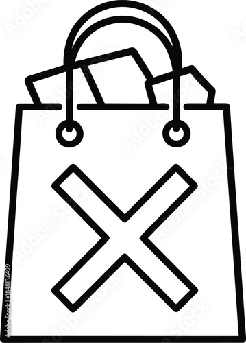 A line icon depicting a shopping bag with a prominent cross mark on its surface