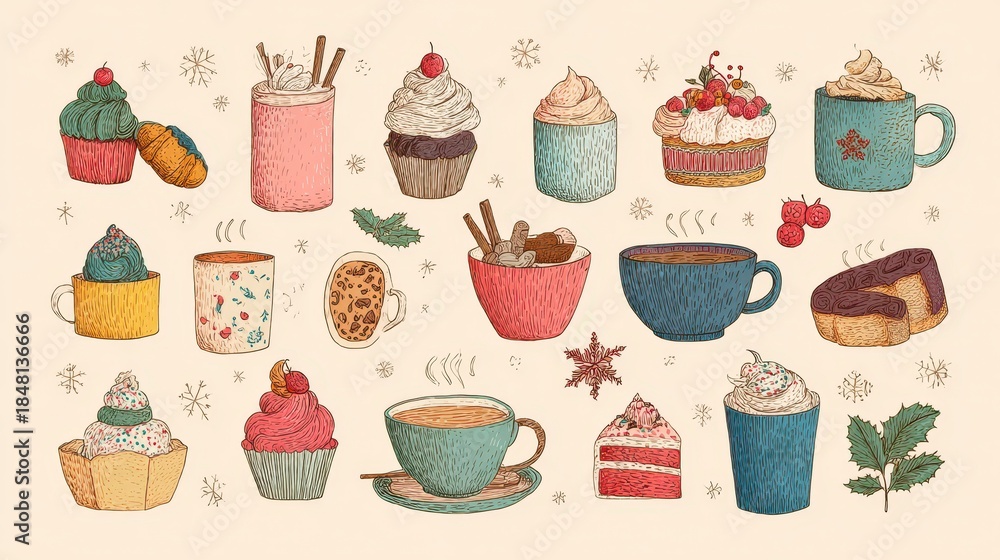 Fototapeta premium Festive illustration featuring an assortment of treats cupcakes, muffins, cake slices, and hot drinks. Delicate snowflakes and accents are scattered