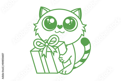 Green line art shows a cartoon raccoon holding a gift box with transparent background