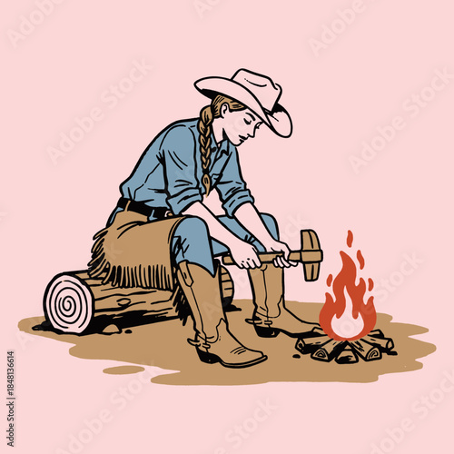 Vintage Cowgirl Illustration Working by Campfire. Western Woman in Boots and Hat with Hammer, Rustic Outdoor Theme.