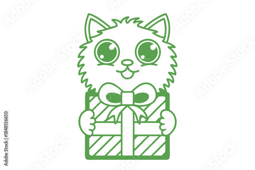 Adorable green outline kitty hugs diagonal striped gift box on a transparent background