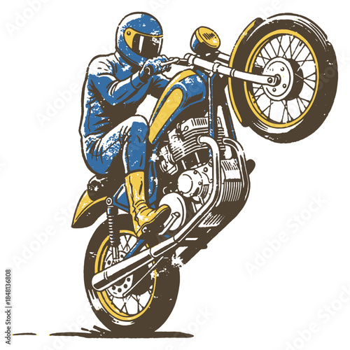 Vintage Motorcycle Wheelie Illustration. Grunge Screen Print Art of a Biker Stunt Rider in Blue and Yellow Retro Style.